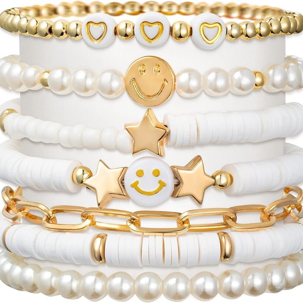Preppy Bracelets Set Colorful White Gold Smile Heart Star Polymer Beaded Pearl
